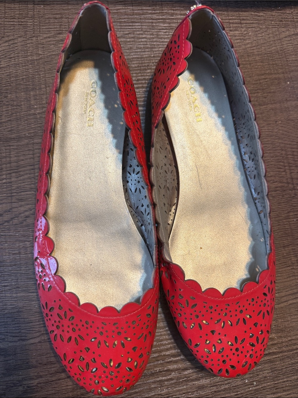 COACH Red Perforated Scallop-Edge Leather Flats